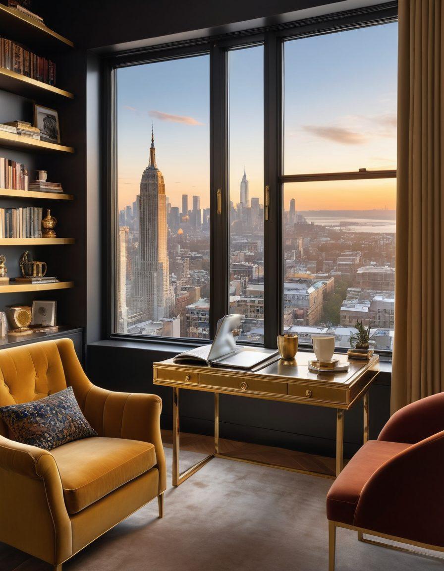 A luxurious study filled with curated programming books, an elegant desk with a gold-plated laptop, and a plush velvet armchair. Soft light filters through a grand window showcasing a city skyline, while a contemporary art piece hangs on the wall. A steaming cup of coffee sits beside a tablet displaying exclusive digital content. super-realistic. vibrant colors. upscale interior design.