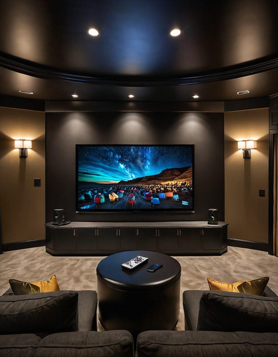 A luxurious home theater setup showcasing plush seating, high-tech screen, and ambient lighting, with various streaming service logos displayed. Include a stylish popcorn bucket and a remote control in the foreground, symbolizing premium viewing. Capture a cozy atmosphere that invites relaxation and enjoyment. super-realistic. vibrant colors. elegant design.